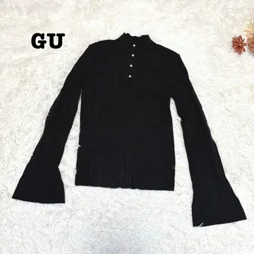 s.2005 [지유] 긴팔 리브 니트 플레어 소매 하이넥 펄 버튼