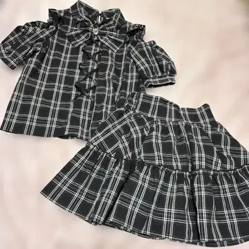 블랙 화이트 체크 무늬 프릴 셋업