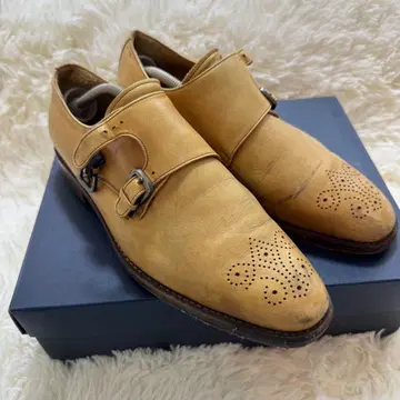 베이지 더블 몽크 스트랩 가죽 신발