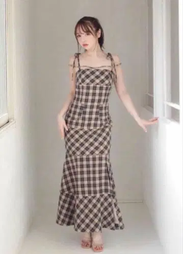 andmary Cecily 체크 롱 드레스