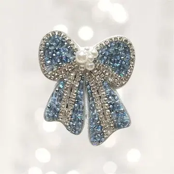 리본 블루 파랑 비즈 자수 브로치 핸드메이드