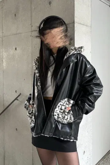 KsG 2way 레오파드 무늬 자켓 가죽 블랙/화이트