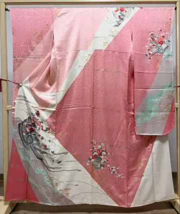 B 꽃 자동차 금채 핑크 순수 실크 이중 기모노 후리소데 기모노 K25