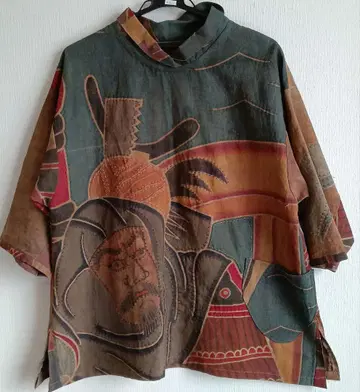 빈티지 원단 리메이크 감물 염색 직기 튜닉. 블라우스