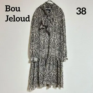 Bou Jeloud 페이즐리 무늬 긴팔 무릎 기장 원피스 넥타이 리본