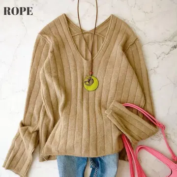 로페 긴팔 V넥 울 니트 양모 혼방 사이즈 M 리브 니트