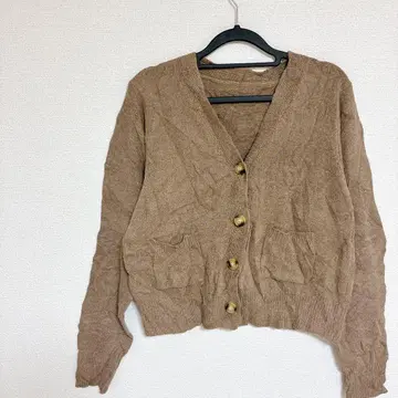 브라운 니트 가디건 V넥 숏 기장 여성용 해외 구제 의류