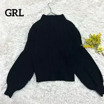 GRL 긴팔 니트 리브 니트 하이넥 블랙 무지 볼륨 슬리브 [ F ]