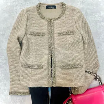 코투 모헤어 혼방 트위드 노카라 자켓 가디건 베이지 38