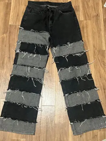프린지 가공 패치워크 데님 팬츠