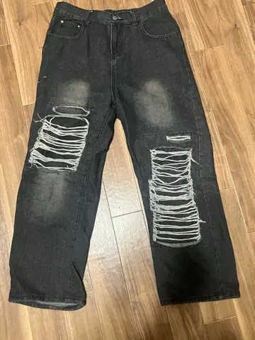 데미지 가공 블랙 와이드 레그 데님 팬츠 Y2K