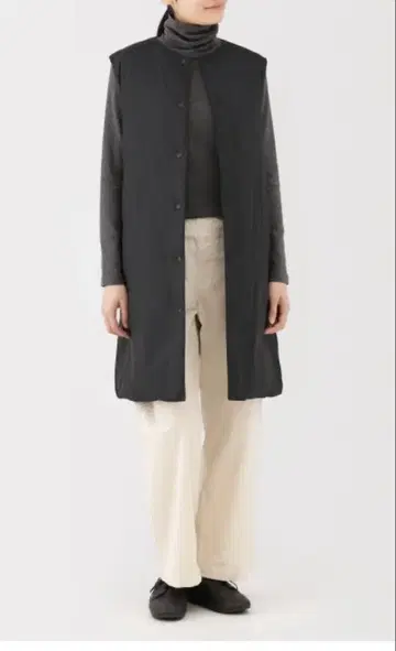 무인양품 경량 다운 포켓터블 노카라 롱 베스트 블랙 XL