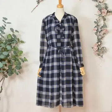 M~L 쉬폰 보타이 체크 무늬 원피스 여성용 긴팔/블랙