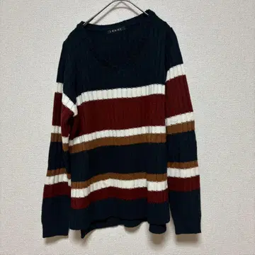 잉그 V넥 긴팔 스웨터 스트라이프 올 패턴 블랙 화이트 브라운 스타일리시