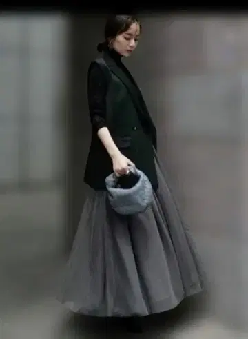 anuans 아이스 그레이 튤 롱 스커트