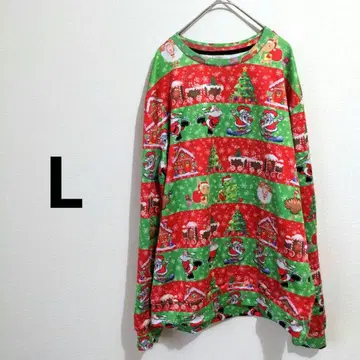 크리스마스 T셔츠 [ L ] 긴팔 올 패턴 빨간색 그린 산타클로스
