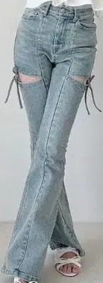 RESEXXY 컷 아웃 리본 데님 팬츠 아이스 블루 S 사이즈