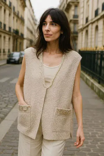 베이지 V넥 베스트 펄 장식 디자인 상의 아우터 베스트