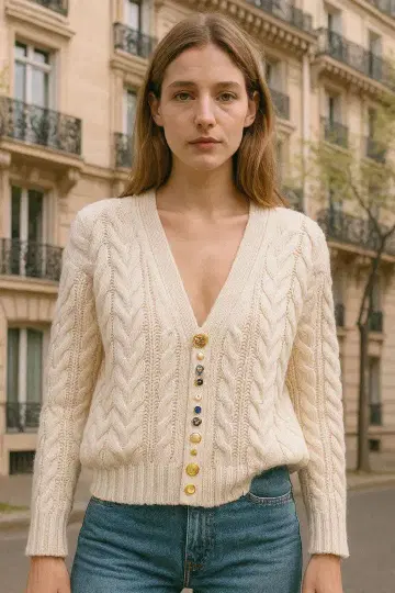 아이보리 케이블 짜임 화이트 상의 니트 깔끔한 V넥