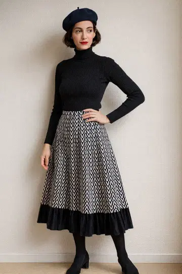 기하학 패턴 플레어 롱 스커트 모노톤 화이트 블랙 A라인 플리츠