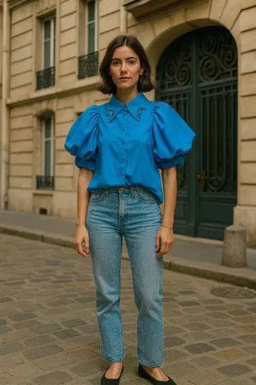 비쥬 장식 파랑 쉬폰 셔츠 블라우스 상의 시스루 쉬폰 라메