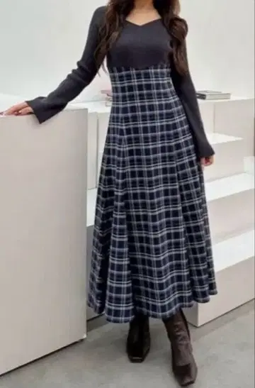 새상품급 머큐리 듀오 롱 원피스 체크 긴팔 도킹 M 사이즈