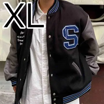 CPCM 바시티 자켓 다운 자켓 XL 블랙 가죽 소매 상가라 자수