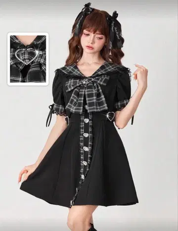 SHEIN romwe 지뢰 원피스 블랙 체크 리본 반짝반짝 하트