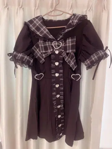 양산형 지뢰 원피스 블랙 체크 리본 키라키라 하트