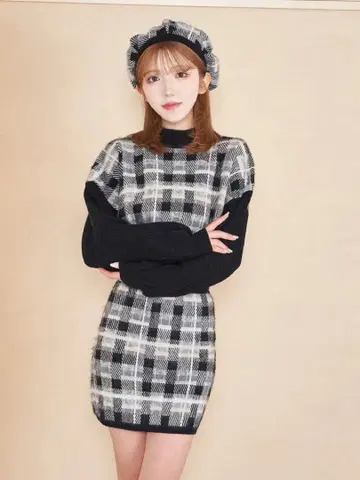 Darich 트위드 체크 니트탑 스커트 세트 그레이