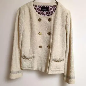 저스길리티 트위드 자켓 골드 버튼 노카라