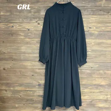[그레일] GRL 블랙 롱 원피스 긴팔 버튼 포함 F