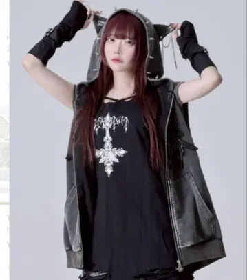 [ REFLEM ] 고양이 귀 펑크 슬리브리스 ZIP 후드티