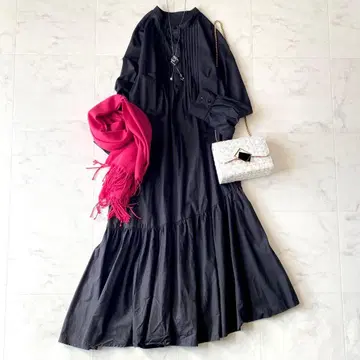 카듀네 워셔블 비대칭 개더 원피스 밴드 카라 루즈핏 블랙