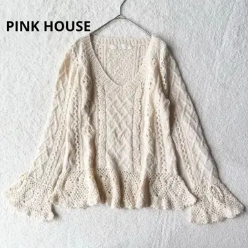 핑크하우스 니트 스웨터 시스루 짜임 린넨 모헤어 혼방 플레어 리본