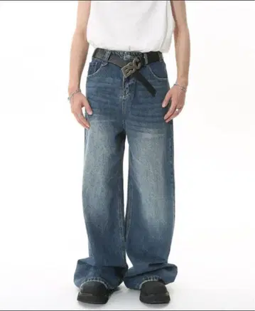 블루 와이드 레그 데님 팬츠