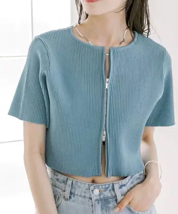 [ 미스틱 ] 반팔 니트 F 블루 계열 무지 더블 지퍼 리브