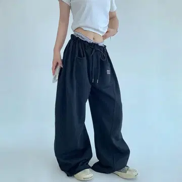 madoecho 개더 허리 스트레이트 와이드 스웨트 팬츠