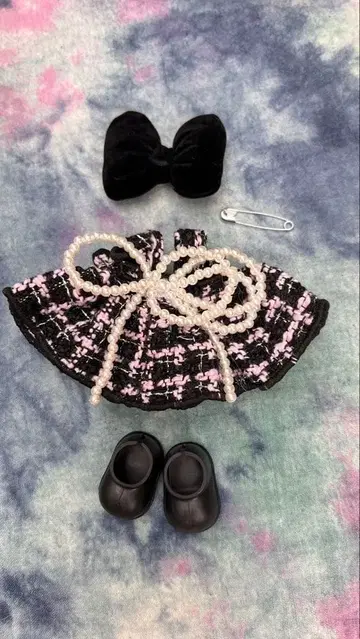 LABUBU 인형 옷 3종 세트 블랙 앤 핑크 트위드 옷 갈아입기 세트