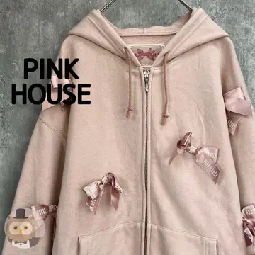 [ 일본제 ] 핑크하우스 지퍼 후드티 리본 로고 구제 의류 여성용 레트로