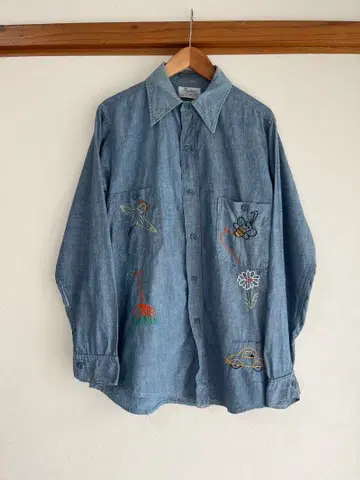 60s 빈티지 벨텍스 샴브레이 셔츠 자수