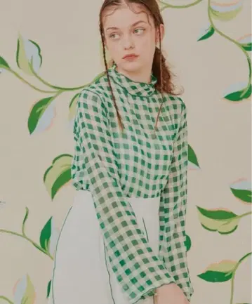 POPPY 웨이브 깅엄 시스루 상의 그린 아사기니