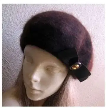 새상품 빈티지 부품 x 그로그랭 리본 트리밍의 다크 브라운 모헤어 베레모