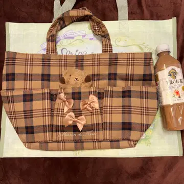 메종 드 플뢰르 체크 무늬 토트백 곰 포함
