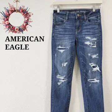 아메리칸 이글 데미지 가공 데님 청바지 프린지 스트레치 0