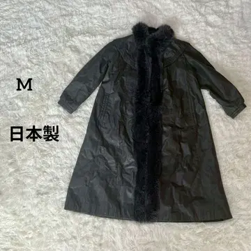 일본제 블랙 가죽 코트 롱 코트 M 소가죽 퍼 포함 여성용