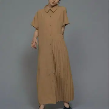 manana suerte 비대칭 플리츠 원피스 베이지