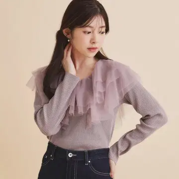 [ 미사용 ] Index 튤 프릴 리브 니트