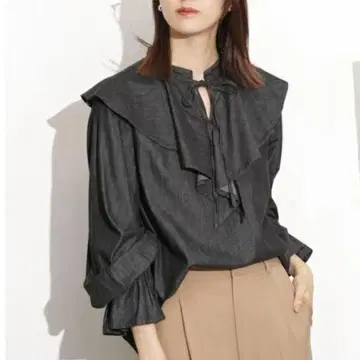 nanouniverse 나노 유니버스 블랙 데님 프릴 리본 블라우스