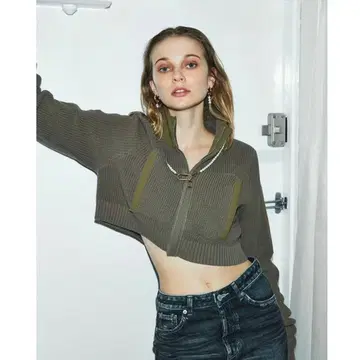 JUEMI 집업 목넥 니트 후드티 니트 카키